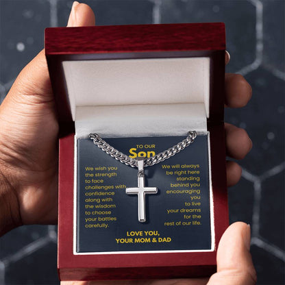 To Our Son - Son Gift from Mom and Dad - Artisan Cross with Cuban Link Chain - Personalize Memories