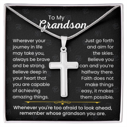 To My Grandson - Always be brave and be strong - Gift for Grandson - Artisan Cross Necklace - Personalize Memories