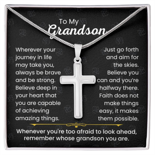 To My Grandson - Always be brave and be strong - Gift for Grandson - Artisan Cross Necklace