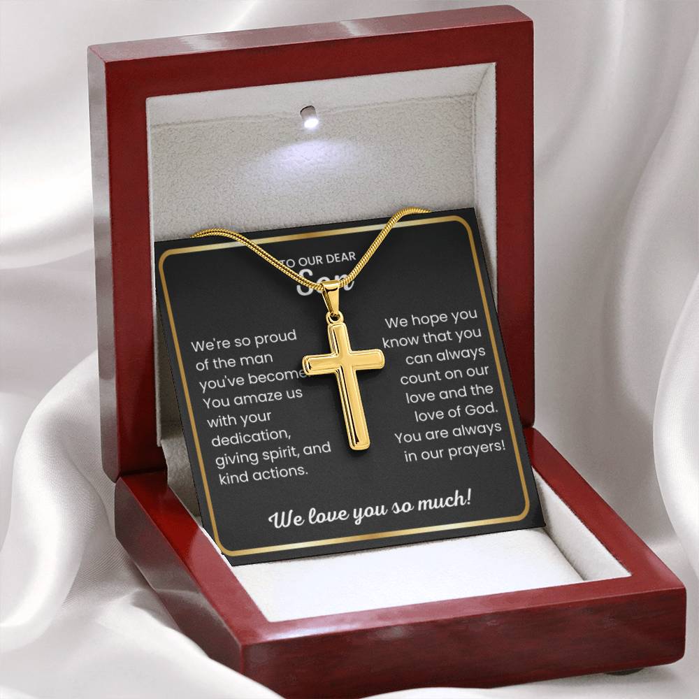 To Our Dear Son - We love you so much - Gift for Son from Mom and Dad - Artisan Cross Necklace - Personalize Memories