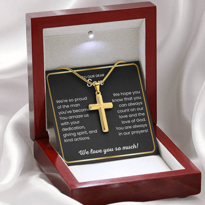 To Our Dear Son - We love you so much - Gift for Son from Mom and Dad - Artisan Cross Necklace - Personalize Memories