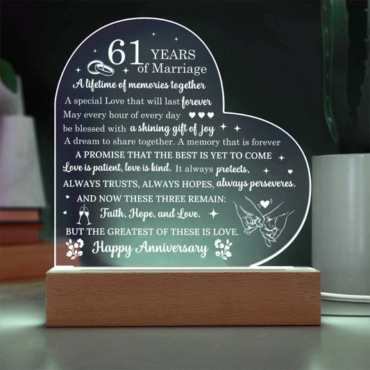 61 Year Anniversary Gift - Romantic Gift for Couples - 61 Years Of Marriage Acrylic Heart Plaque - Personalize Memories