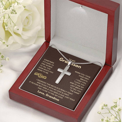 To My Grandson - Just hold this close to feel my love - Grandson Gift from Grandma - Artisan Cross Necklace - Personalize Memories