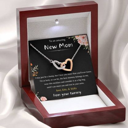 To An Amazing New Mom - Love Kiss & Kicks from Your Tummy- Interlocking Hearts Necklace - New Mom Gift - Personalize Memories