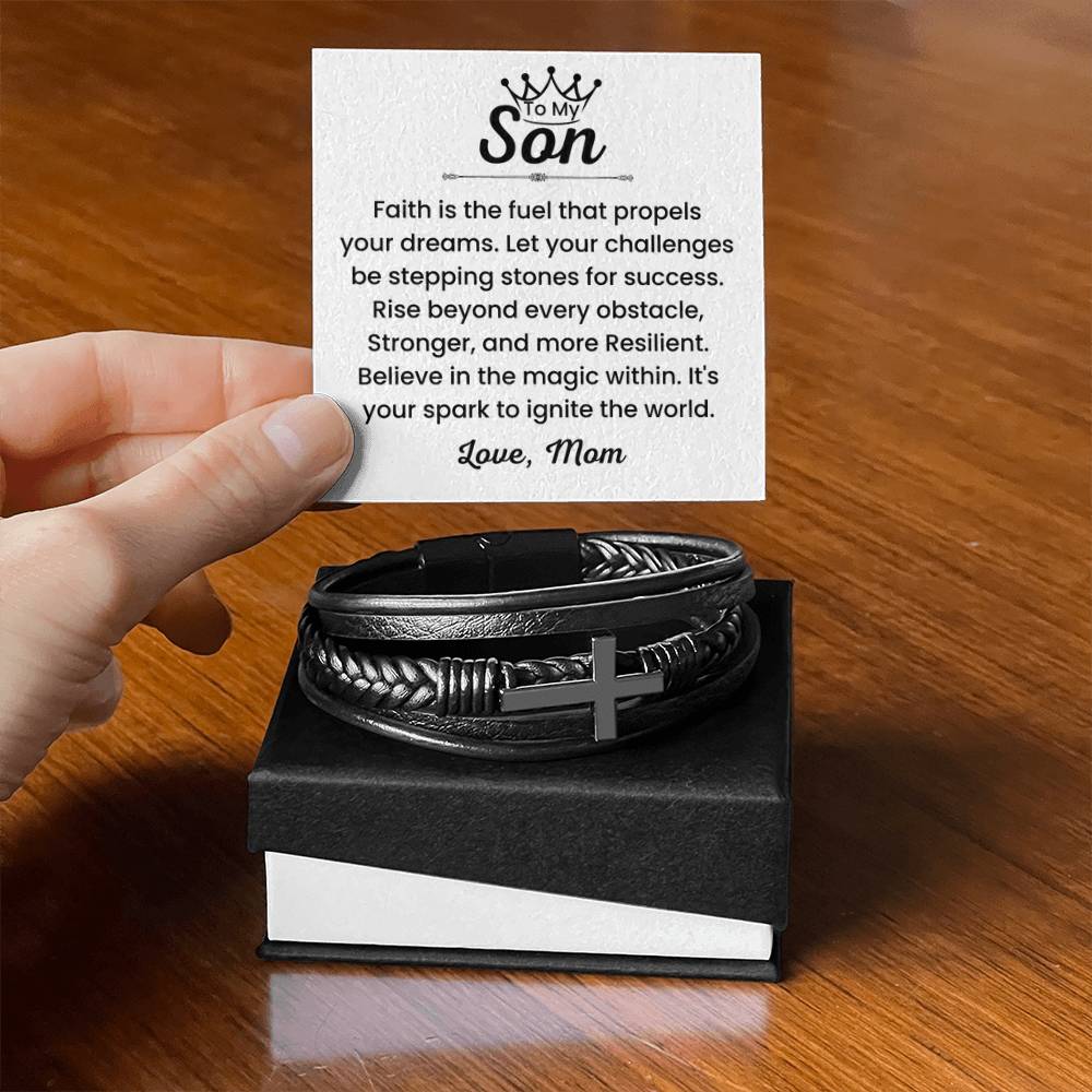To My Son – Christmas, Birthday Gift from Mom – Men’s Cross Bracelet - Personalize Memories