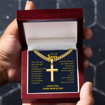 To Our Son - Son Gift from Mom and Dad - Artisan Cross with Cuban Link Chain - Personalize Memories