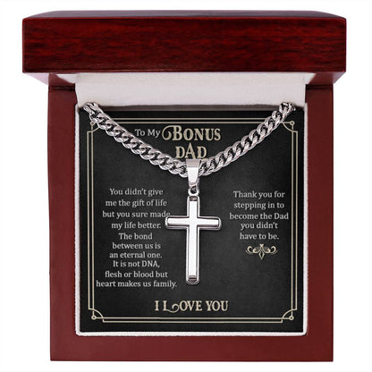 To My Bonus Dad - Artisan Cross with Cuban Link Chain Gift for Him - Personalize Memories