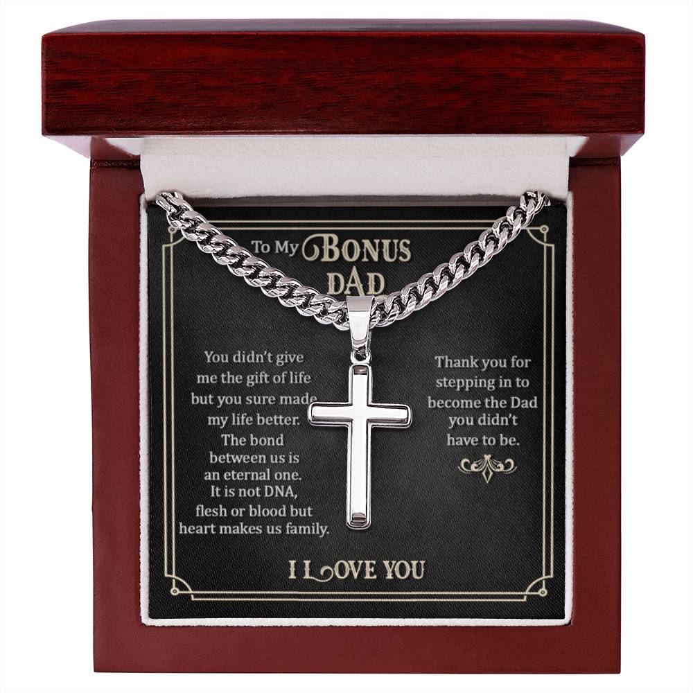 To My Bonus Dad - Artisan Cross with Cuban Link Chain Gift for Him - Personalize Memories
