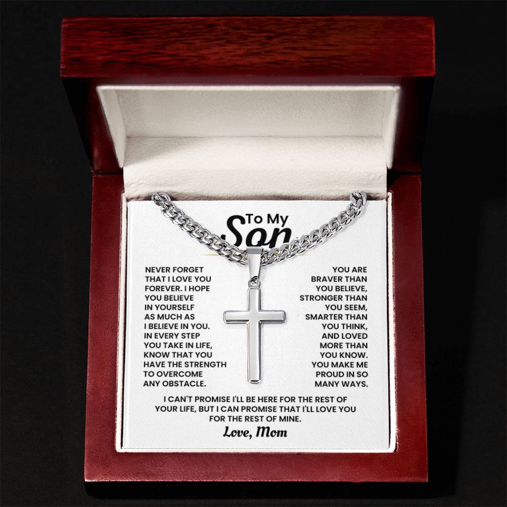 To My Son - Never forget I love you forever - Gift for Son from Mom - Artisan Cross with Cuban Link Chain - Personalize Memories