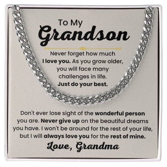 Grandson Necklace Gift from Grandmother, Birthday, Graduation & Christmas Jewelry - Cuban Link Chain - Personalize Memories