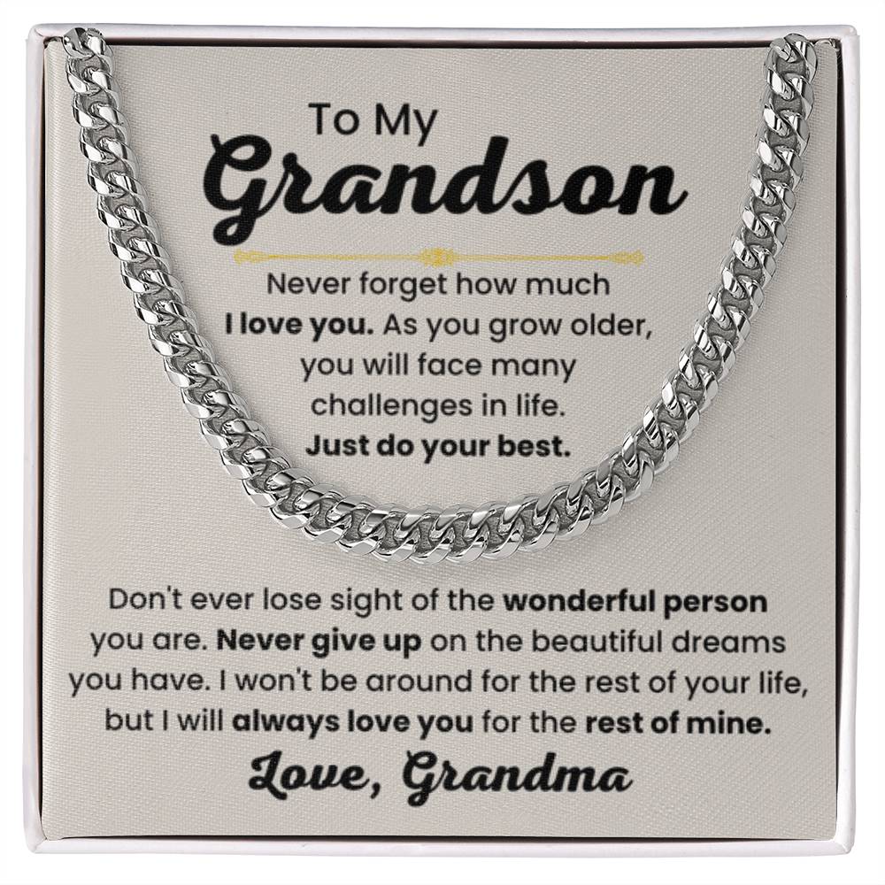 Grandson Necklace Gift from Grandmother, Birthday, Graduation & Christmas Jewelry - Cuban Link Chain - Personalize Memories