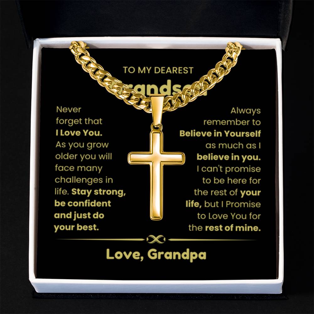 To My Grandson - Grandson Gift from Grandma - As you grow older you will face many challenges in life - Artisan Cross with Cuban Link Chain - Personalize Memories