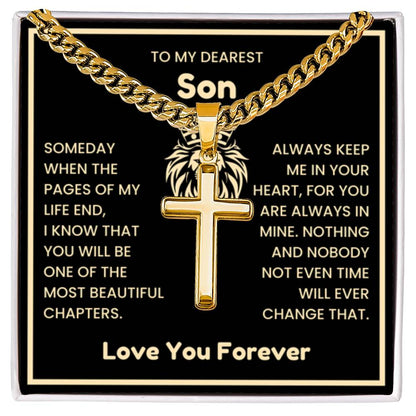 To My Dearest Son Necklace - Gift for Son - Always keep me in your heart - Artisan Cross with Cuban Link Chain - Personalize Memories