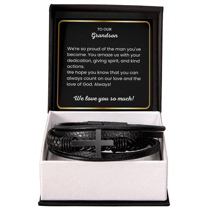 To Our Grandson – Holiday, Birthday, Graduation Gift – Men's Cross Bracelet - Personalize Memories