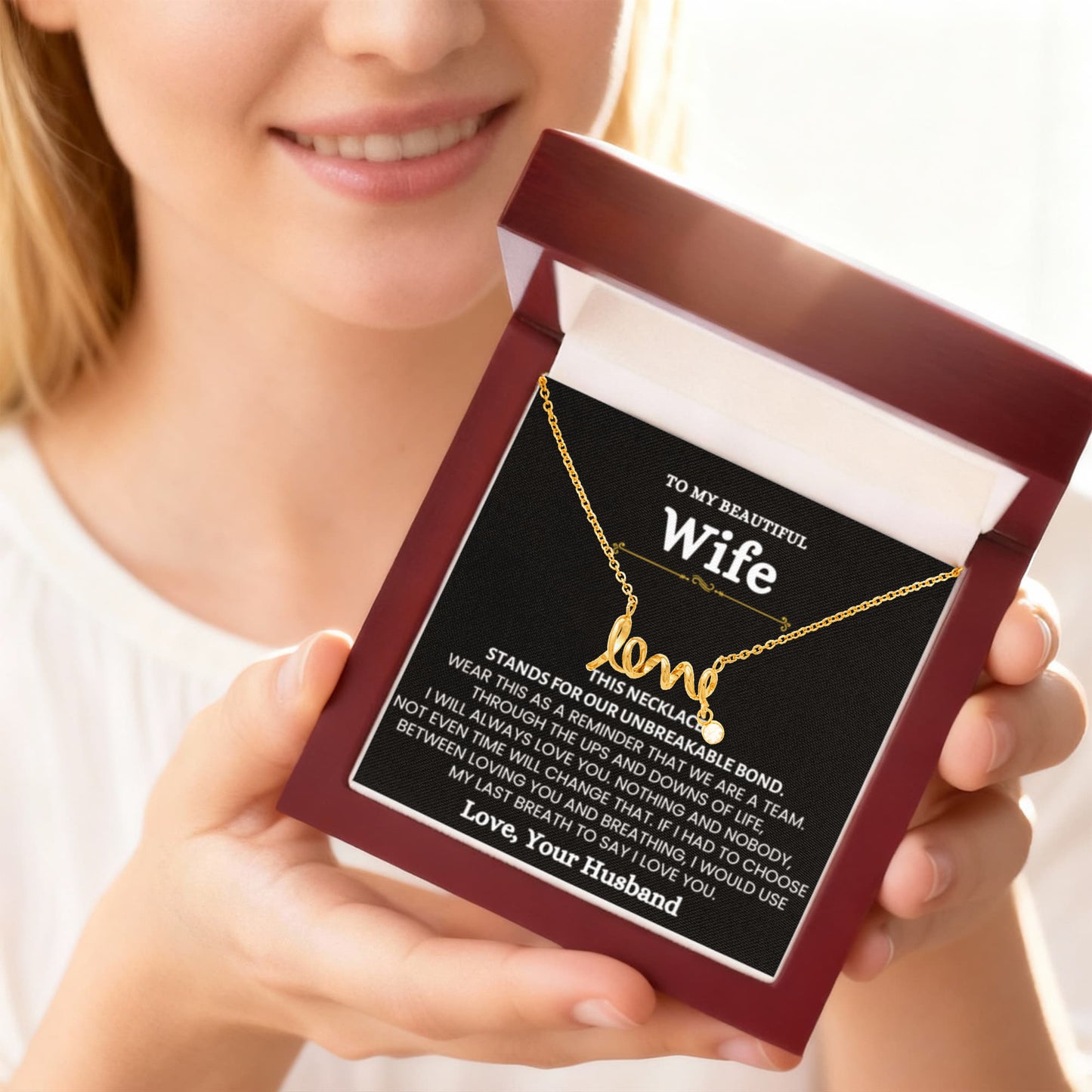 To My Beautiful Wife Necklace - Emotional Love Jewelry Gift from Husband for Valentine’s Day & Birthday Happiness - Scripted Love Necklace - Personalize Memories
