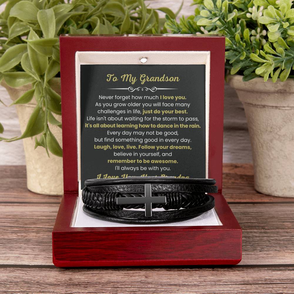 To My Grandson Bracelet – Birthday, Graduation, Christmas Gift from Grandpa – Men's Cross Bracelet - Personalize Memories