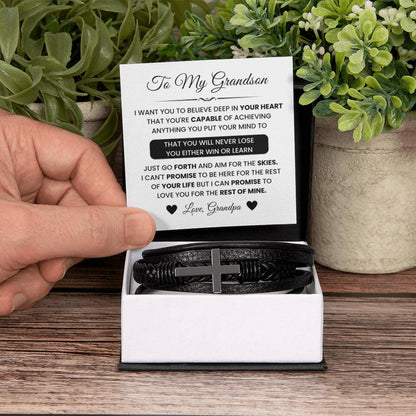 To My Grandson Gift from Grandpa - You Either Win Or Learn - Men's Cross Bracelet - Personalize Memories