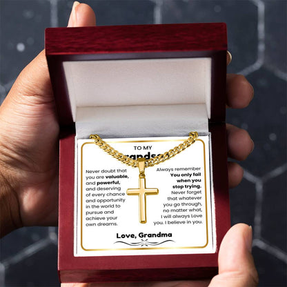 To My Grandson - I believe in you - Grandson Gift from Grandma - Artisan Cross with Cuban Link Chain - Personalize Memories