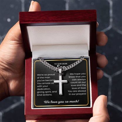 To Our Dear Son - We love you so much - Gift for Son from Mom and Dad - Artisan Cross with Cuban Link Chain - Personalize Memories