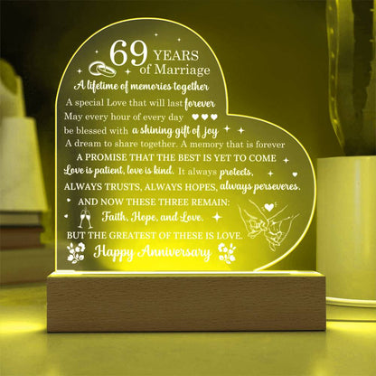 69 Year Anniversary Gift - Romantic Gift for Couples - 69 Years Of Marriage Acrylic Heart Plaque - Personalize Memories