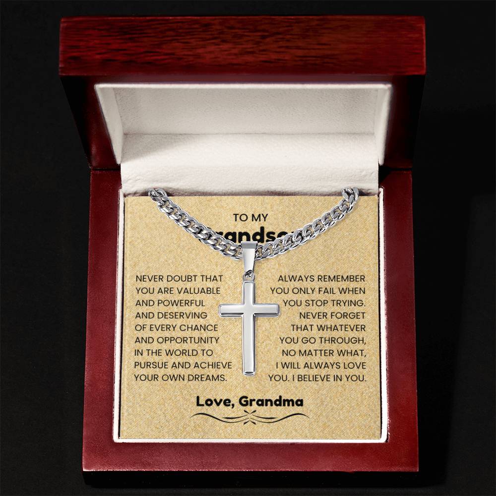 To My Grandson - Gift for Grandson from Grandpa - I will always love you - Artisan Cross with Cuban Link Chain - Personalize Memories