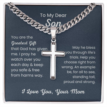 To Dear My Son - You are the greatest gift - Gift for Son from Mom - Artisan Cross with Cuban Link Chain - Personalize Memories