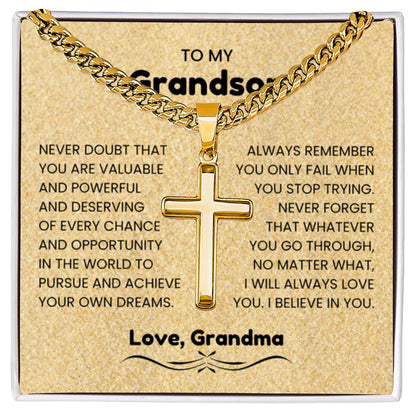 To My Grandson - Gift for Grandson from Grandpa - I will always love you - Artisan Cross with Cuban Link Chain - Personalize Memories