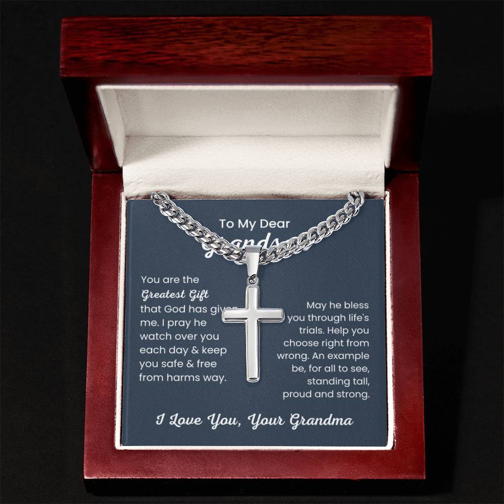 To Dear My Grandson - You are the greatest gift - Gift for Grandson from Grandma - Artisan Cross with Cuban Link Chain - Personalize Memories