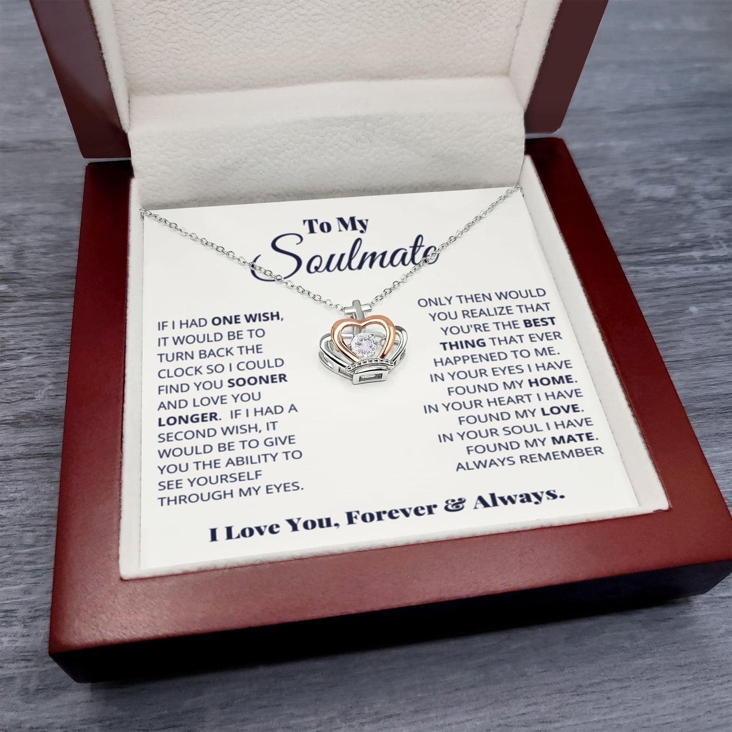 To My Soulmate Necklace - Heartfelt Gift for Her for Birthday & Romantic Days - Crown Pendant Necklace - Personalize Memories