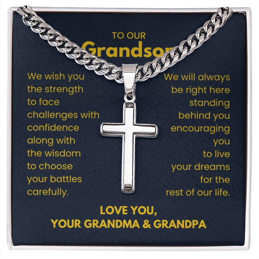To Our Grandson - Grandson Gift from Grandma and Grandpa - Artisan Cross with Cuban Link Chain