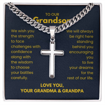 To Our Grandson - Grandson Gift from Grandma and Grandpa - Artisan Cross with Cuban Link Chain - Personalize Memories