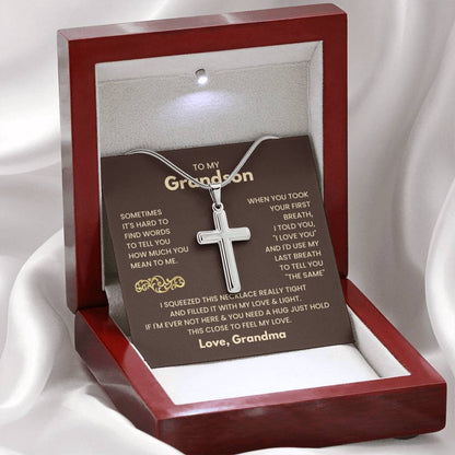 To My Grandson - Just hold this close to feel my love - Grandson Gift from Grandma - Artisan Cross Necklace - Personalize Memories