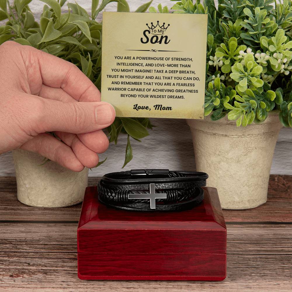Mom to Son – Graduation, Birthday Gift – Men's Cross Bracelet - Personalize Memories