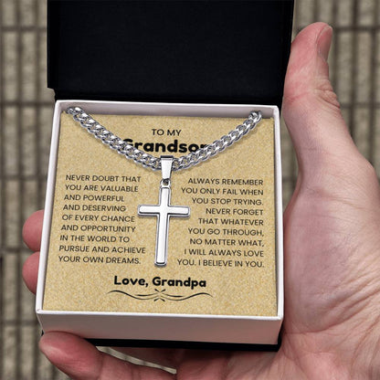 To My Grandson - Gift for Grandson from Grandfather - I will always love you - Artisan Cross with Cuban Link Chain - Personalize Memories