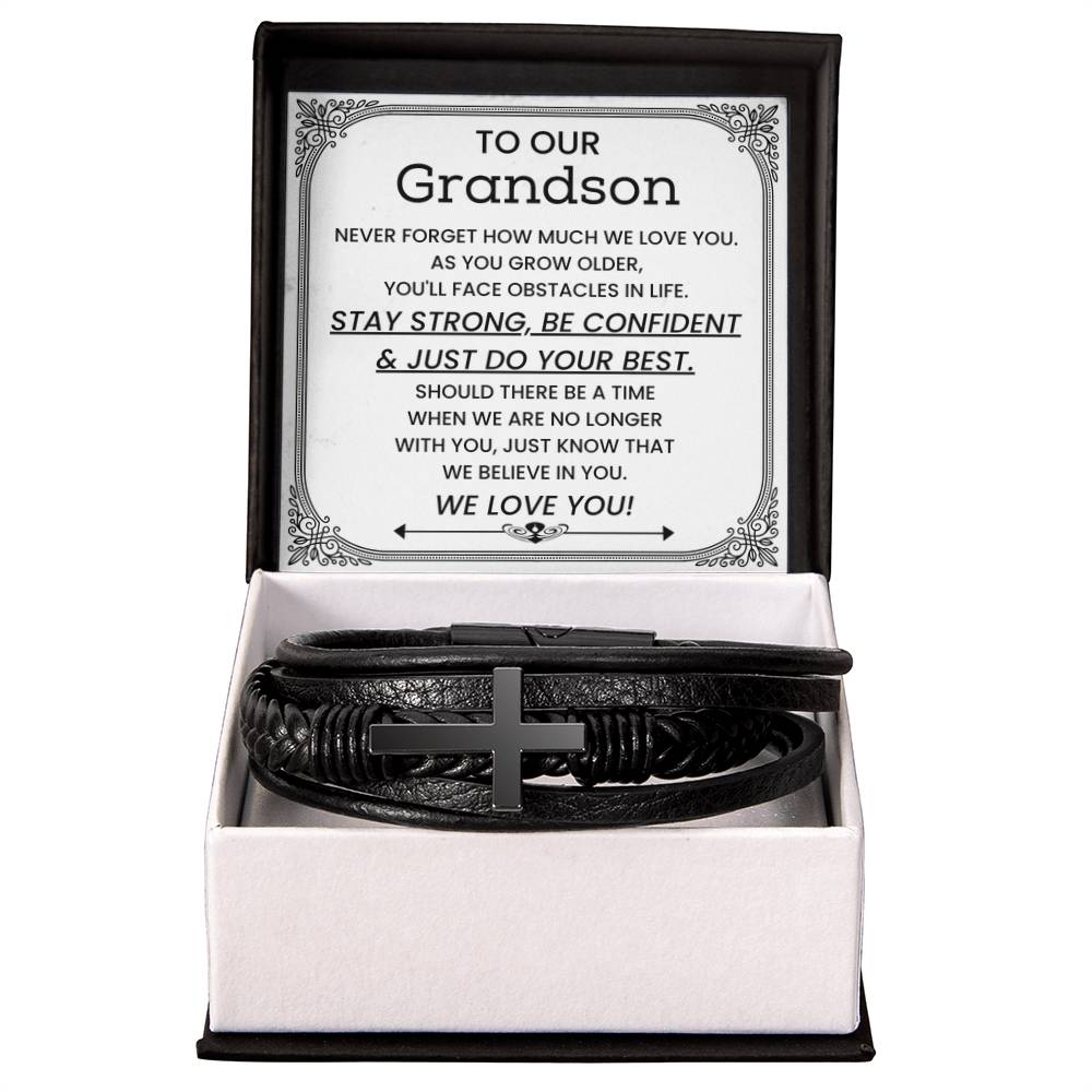 To Our Grandson - Gift for Grandson from Grandparents - Stay Strong, Be Confident & Just Do Your Best - Men's Cross Bracelet - Personalize Memories