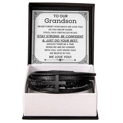To Our Grandson - Gift for Grandson from Grandparents - Stay Strong, Be Confident & Just Do Your Best - Men's Cross Bracelet - Personalize Memories