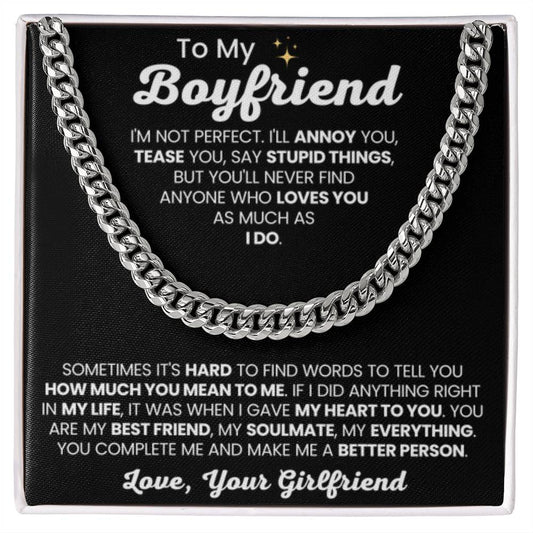 To My Boyfriend - Cuban Link Chain - Girlfriend to Boyfriend Anniversary, Christmas & Birthday Gift