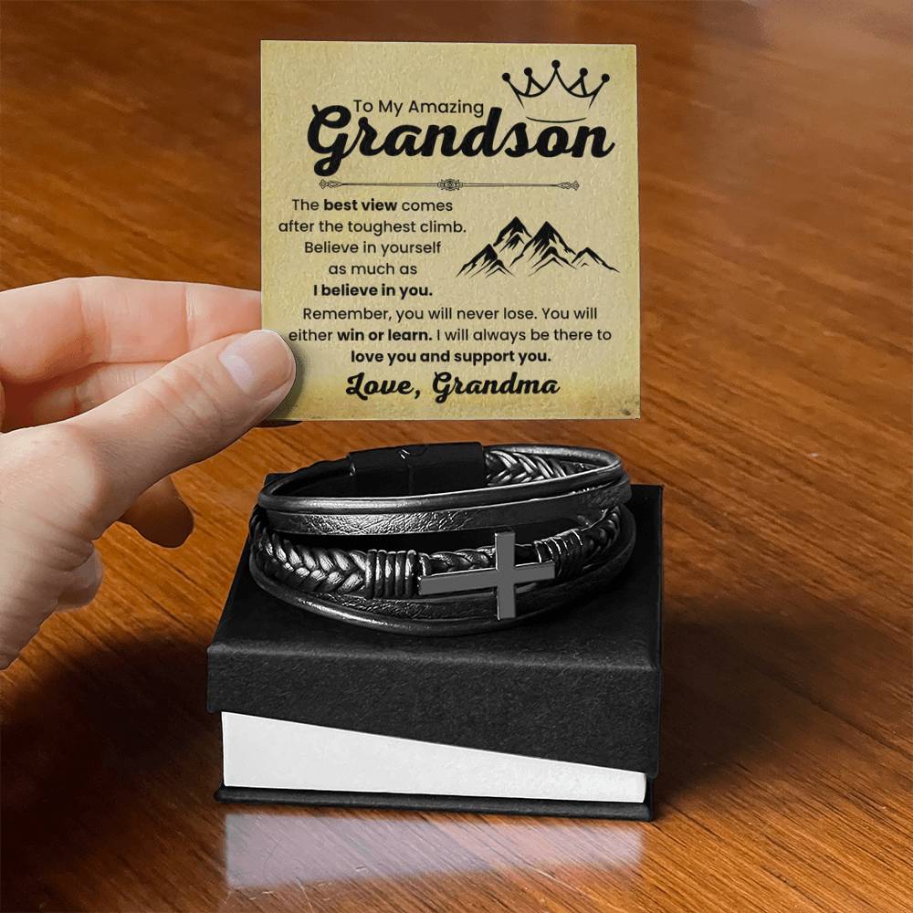 Grandson Gift from Grandma – Christmas, Graduation, Birthday – Men's Cross Bracelet - Personalize Memories