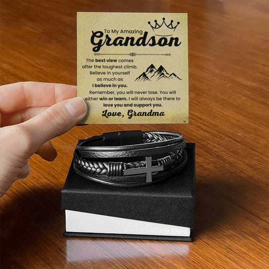 Grandson Gift from Grandma – Christmas, Graduation, Birthday – Men's Cross Bracelet - Personalize Memories