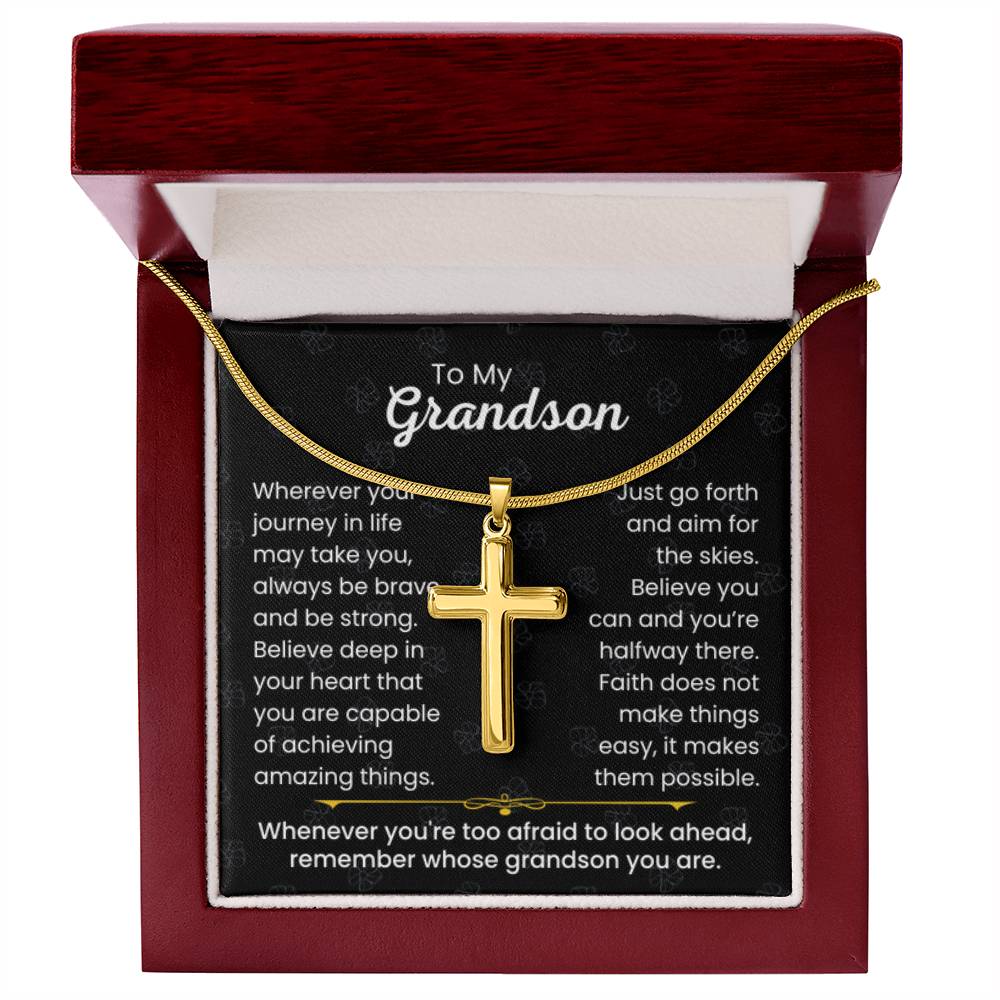 To My Grandson - Always be brave and be strong - Gift for Grandson - Artisan Cross Necklace - Personalize Memories
