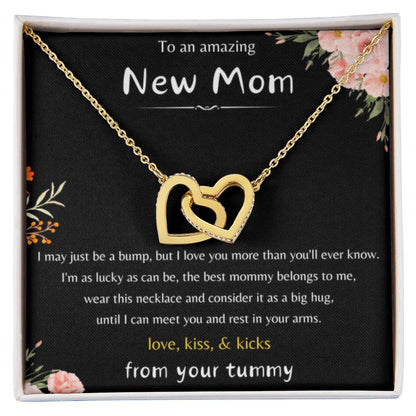 To An Amazing New Mom - Love Kiss & Kicks from Your Tummy- Interlocking Hearts Necklace - New Mom Gift - Personalize Memories