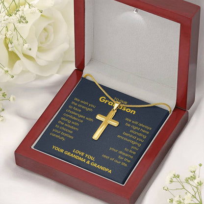 To Our Grandson - Grandson Gift from Grandma and Grandpa - Artisan Cross Necklace - Personalize Memories