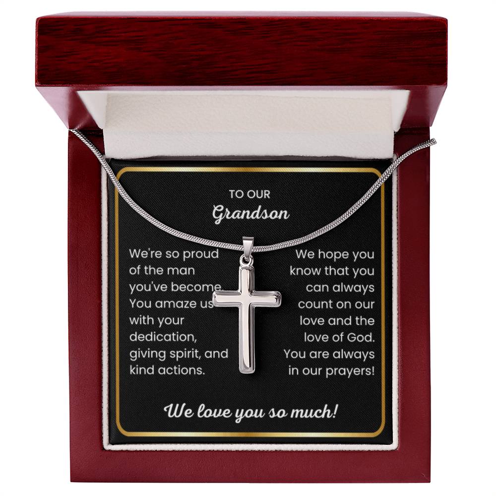 To Our Grandson - We love you so much - Gift for Grandson from Grandparents - Artisan Cross Necklace - Personalize Memories