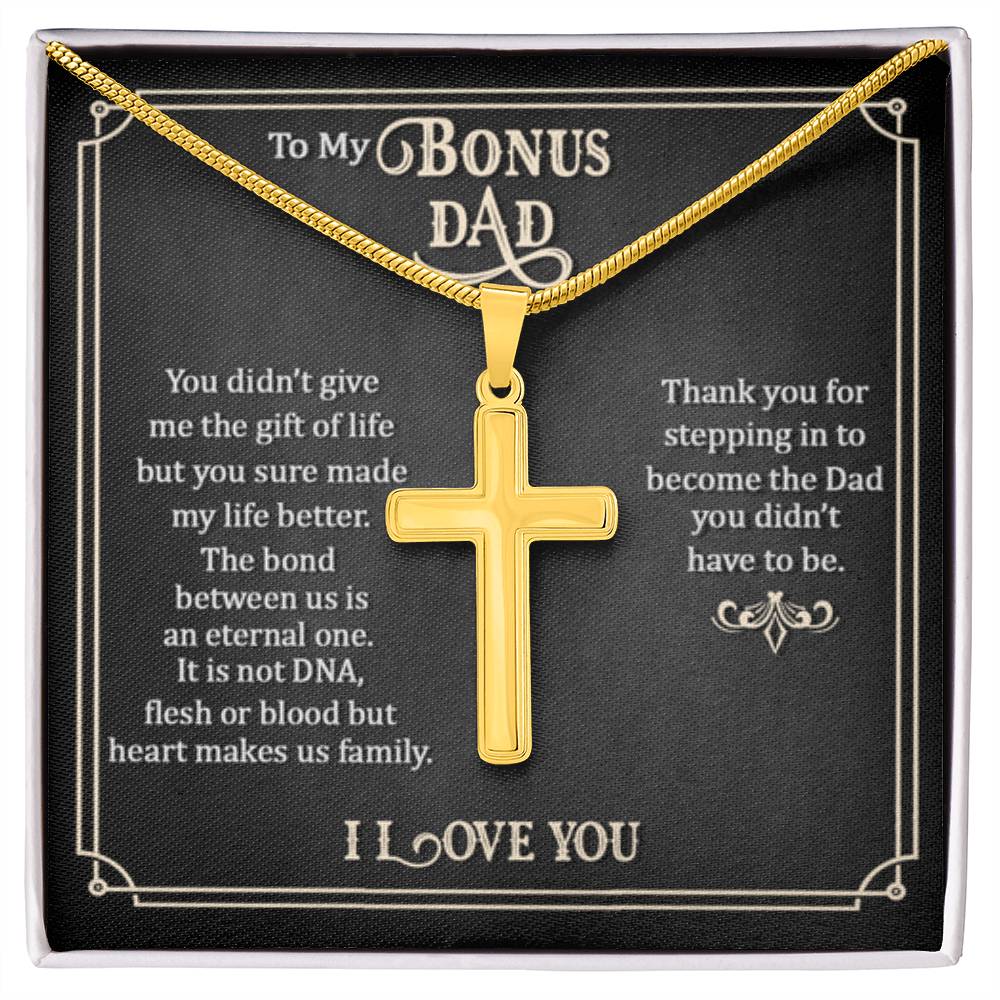 To My Bonus Dad - Artisan Cross Necklace Gift for Him - Personalize Memories