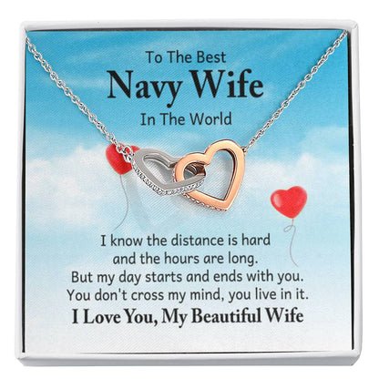To the best navy wife in the world - I know the distance is hard - Interlocking Hearts Necklace - Personalize Memories