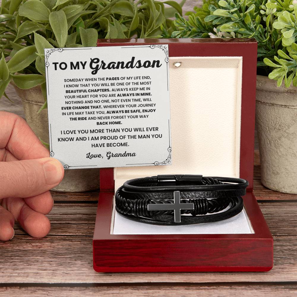 Gift for Grandson from Grandmother – Christmas, Graduation – Men's Cross Bracelet - Personalize Memories