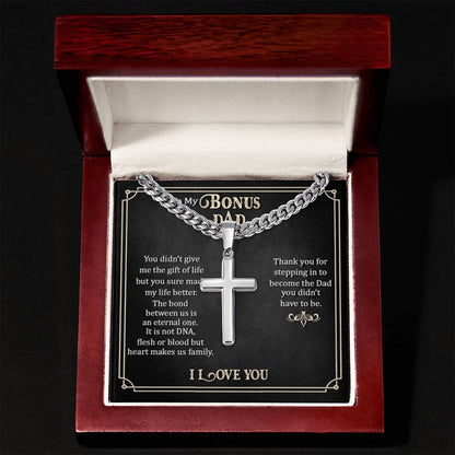 To My Bonus Dad - Artisan Cross with Cuban Link Chain Gift for Him - Personalize Memories