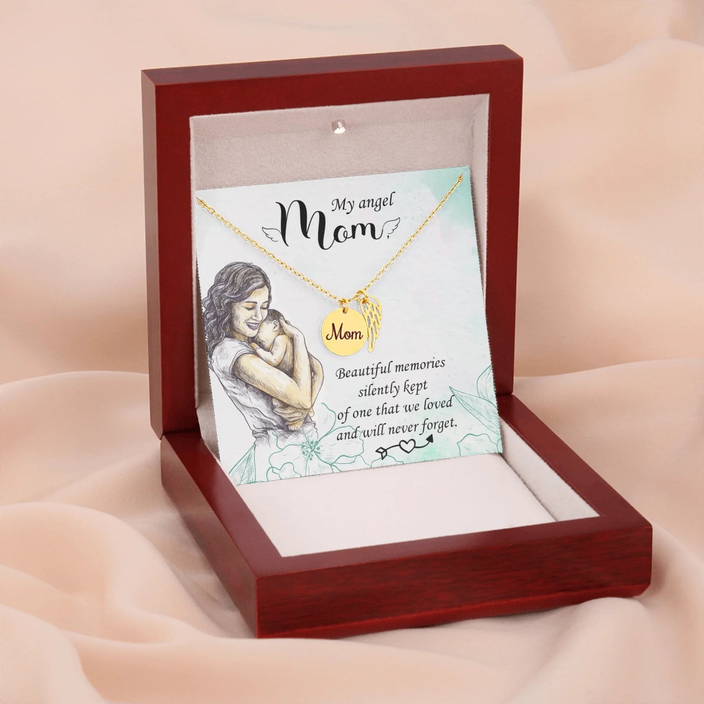 Mom Remembrance Necklace - Beautiful Memories - Angel Wing Mom Necklace - Personalize Memories