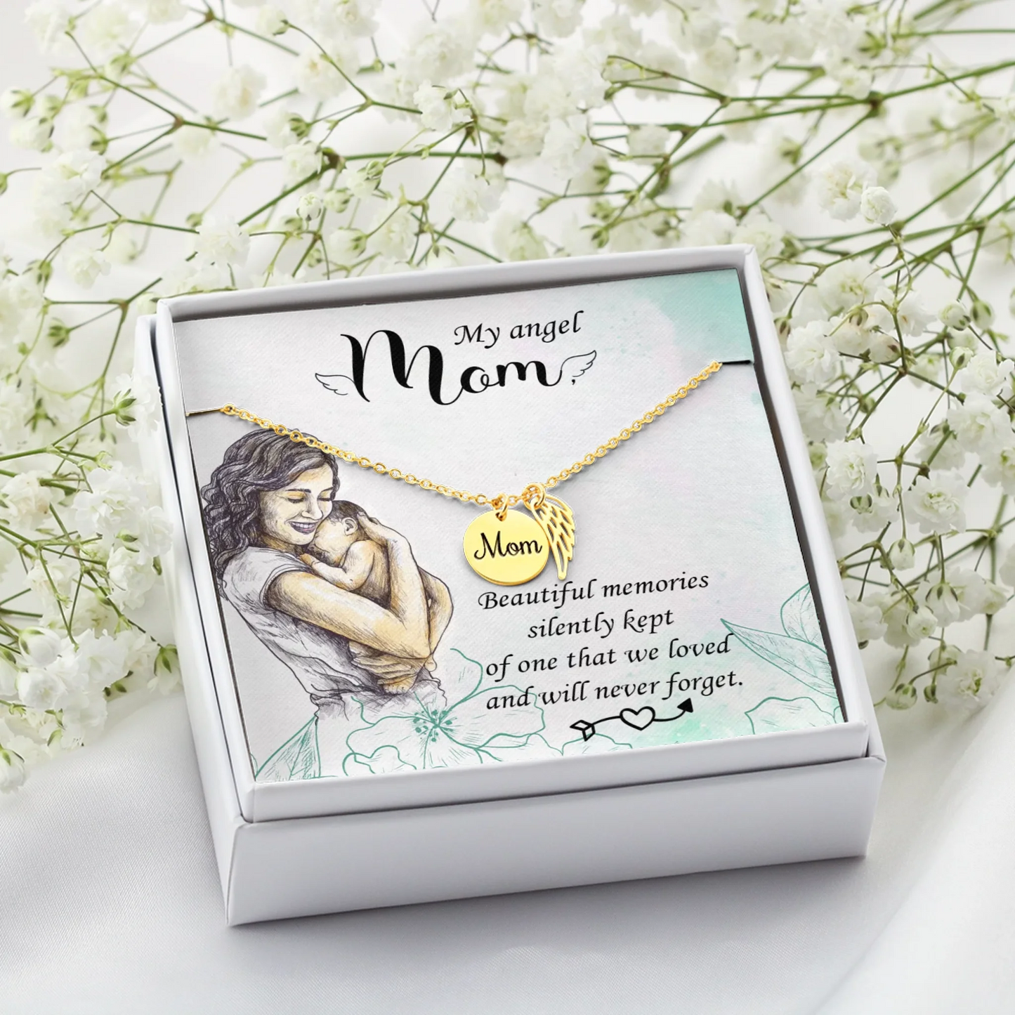 Mom Remembrance Necklace - Beautiful Memories - Angel Wing Mom Necklace - Personalize Memories