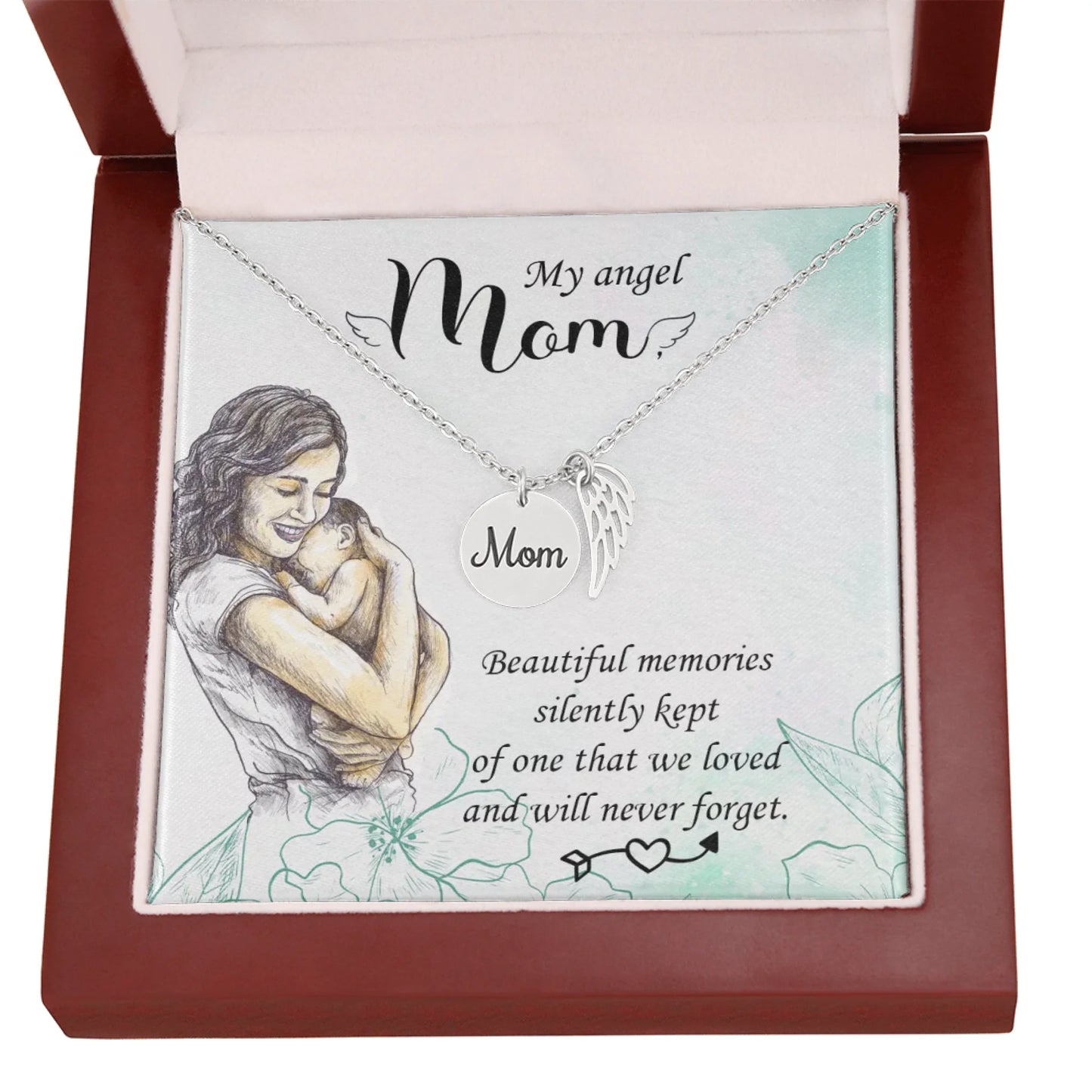 Mom Remembrance Necklace - Beautiful Memories - Angel Wing Mom Necklace - Personalize Memories